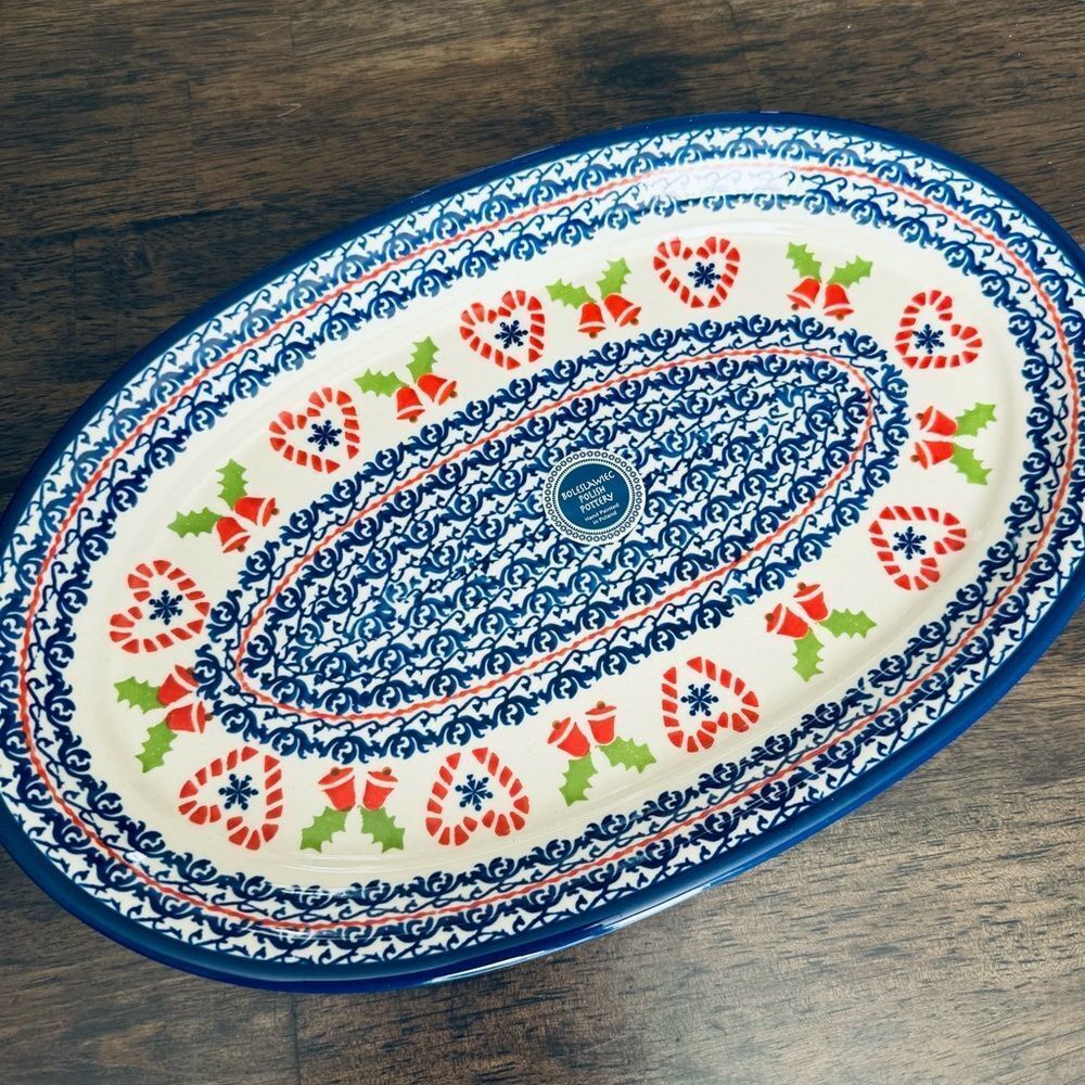 Boleslawiec Polish Pottery Christmas Candy Cane Oval Serving Plate Large Dish